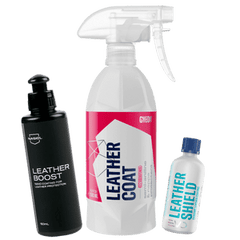 Drei Flaschen Lederversiegelung und Lederpflege Nasiol Leather Boost, Gyeon Leather Coat und CarPro Leather Shield