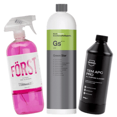 Drei Vorreiniger Flaschen Stjarnagloss Först Citrus Pre-Cleaner, Koch Chemie Green Star und Nasiol Tem APC Pro.