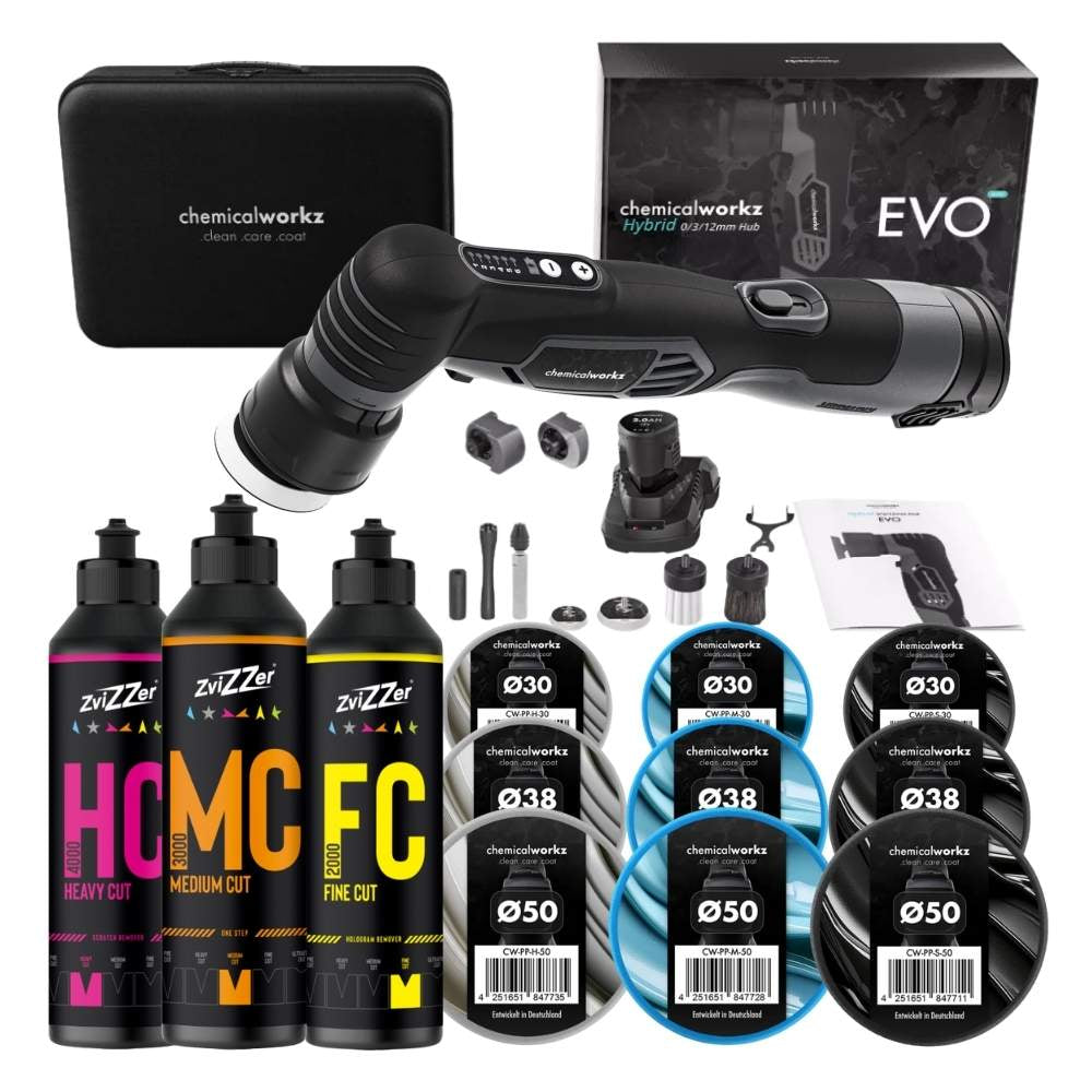 ChemicalWorkz Evo Mini Poliermaschine + SET mit Pads und Zvizzer polituren